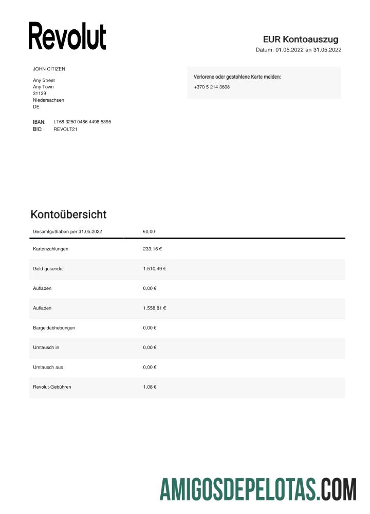 Modelo de extrato bancário Revolut EUR da Alemanha para download, formato Word e PDF, 2 páginas